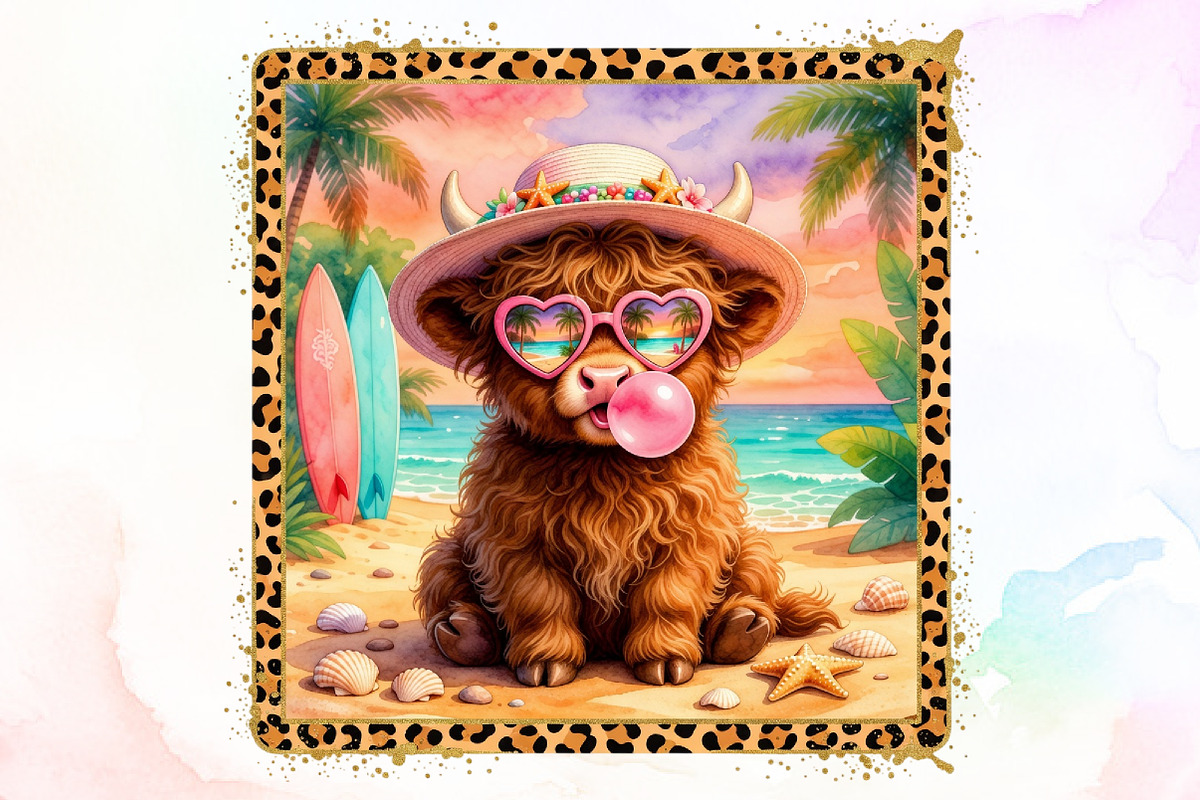 Cute Highland Cow Beach Summer PNG, a Work Illustration by Sublimation Artist (Photo 1 of 9)