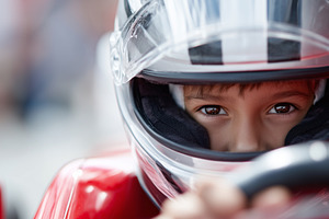 Focused young child in racing helmet, a Transportation Photo by MistyDay