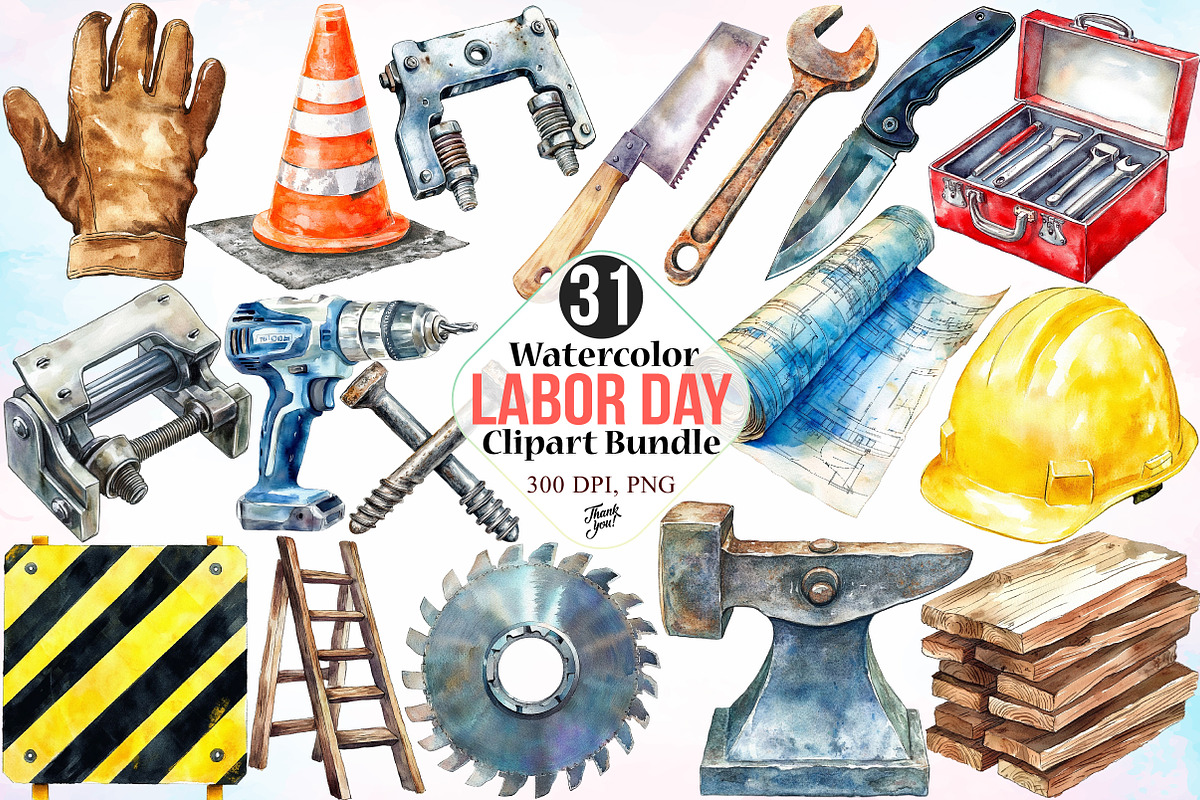 Watercolor Labor Day Clipart Bundle, an Illustration by Canvas Craft (Photo 1 of 3)