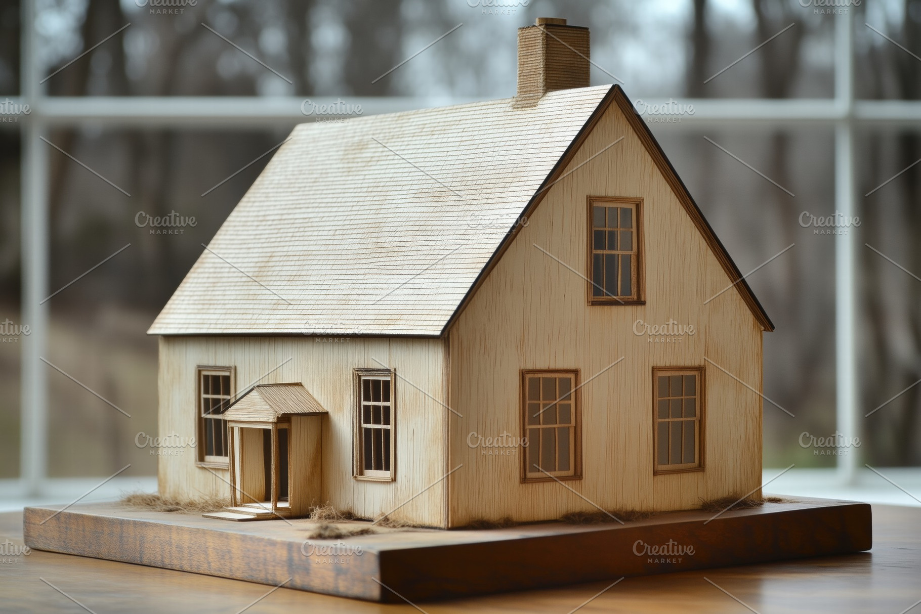 A detailed wooden model of a Saltbox style house, featuring a sloped ...