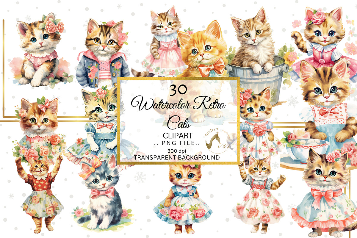 Watercolor Retro Floral Cats Clipart, an Illustration by NiiiNArt (Photo 1 of 6)