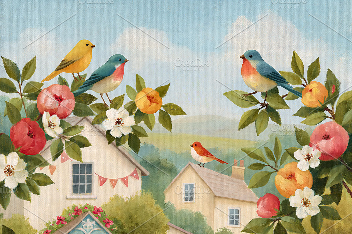 Colorful birds and blooming flowers surrounding charming cottage, a Decorative Illustration by Studio ANNA
