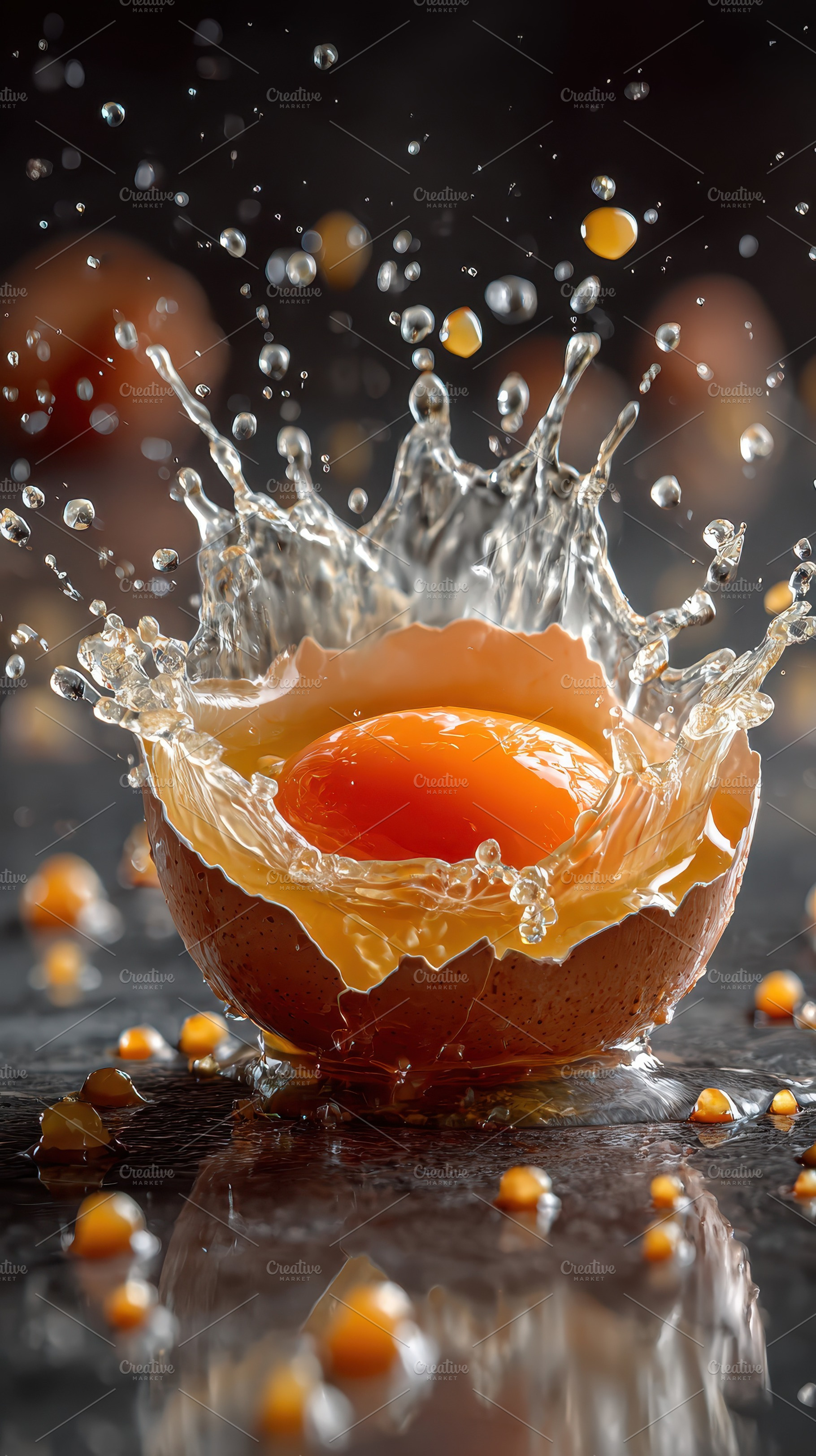 Egg yolk splash in cracked eggshell, a Photo by Pixeness Studio