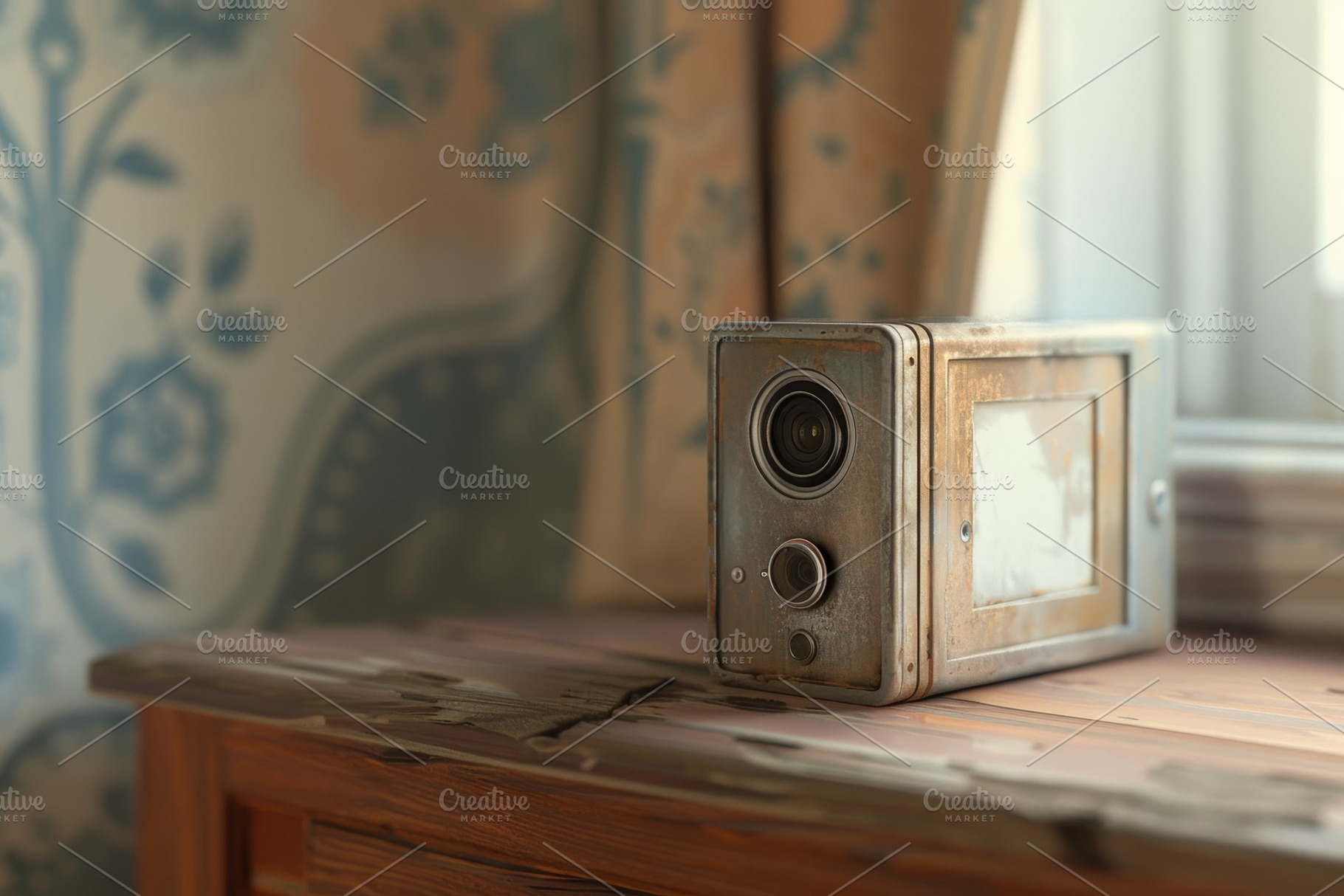 A vintage camera sits on a weathered, a Photo by Tanuart