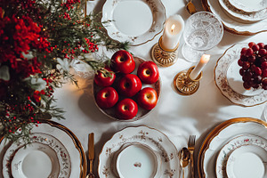Festive dinner table setting with red apples, grapes, candles, and elegant gold, a Food & Drink Photo by Studio ANNA