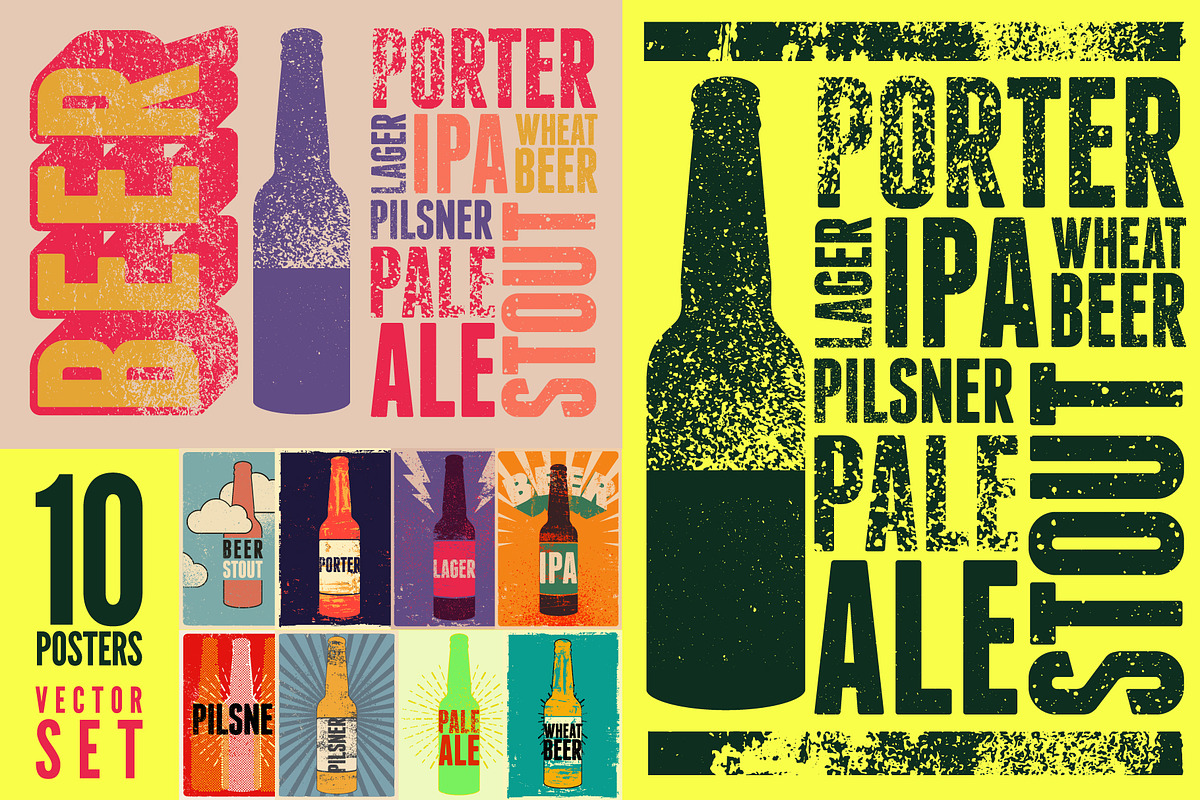 Beer Types grunge vector poster set., a Food Illustration by PoPaShop (Photo 1 of 11)