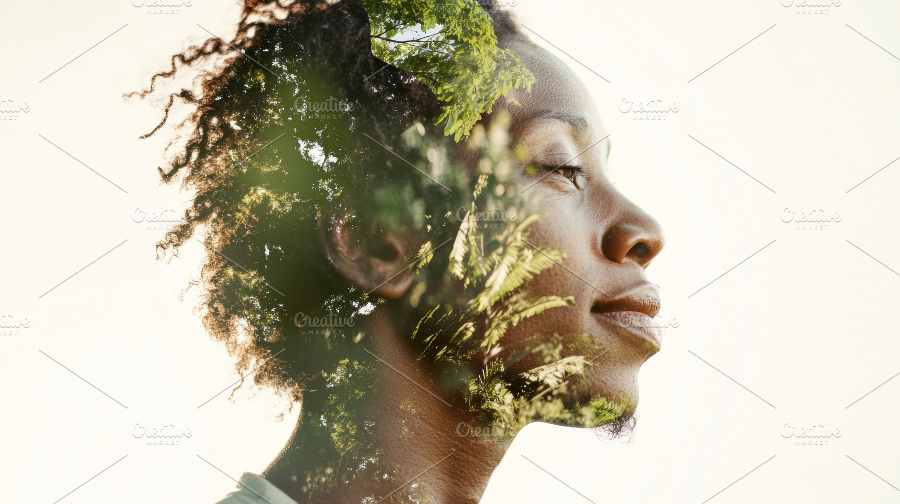 Double exposure of African American woman with nature elements,, a Photo by Dvoevnore photos
