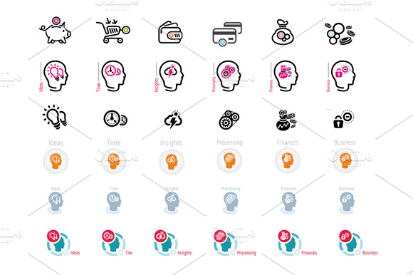 Set Of Silhouette Head Brain