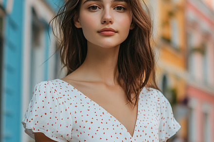 Woman in summer dress poses confidently on vibrant city street during sunny day, a Person Photo by AlyaAnd