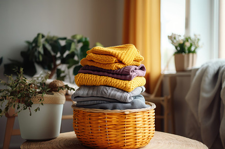 Stack of knitted sweaters in basket at home, a Beauty & Fashion Photo by AlyaAnd