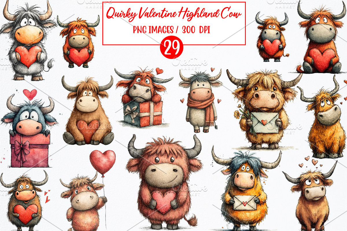 Quirky Valentine Highland Cow Clipar, an Illustration by Watercolor design (Photo 1 of 5)