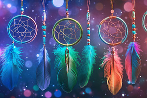 Vibrant Dreamcatchers with Colorful Feathers and Glowing Lights, an Abstract Photo by Natalia Klenova's Shop