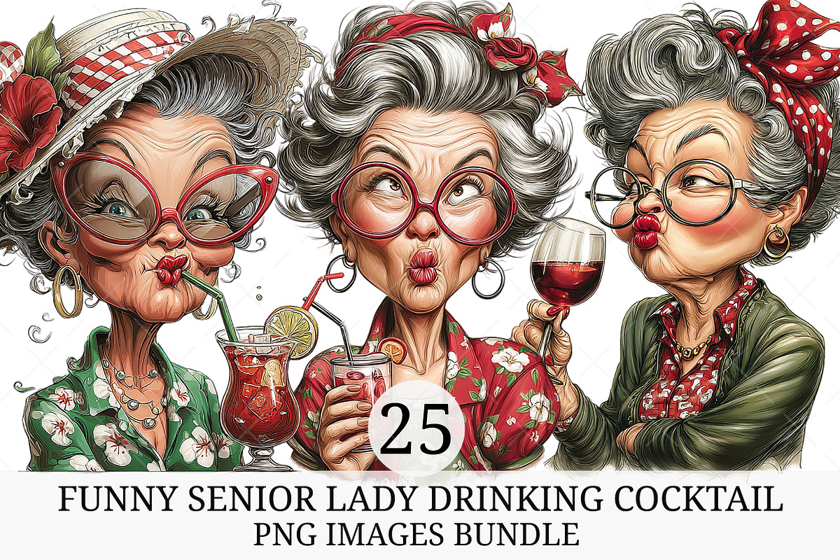 Funny Senior Lady Drinking Cocktail, an Illustration by Craft Nest (Photo 1 of 9)