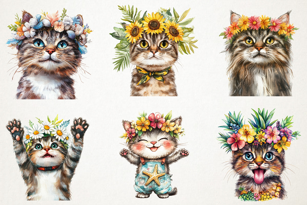 Funny Summer Cat Watercolor Clipart, an Illustration by RobertsArt (Photo 4 of 7)