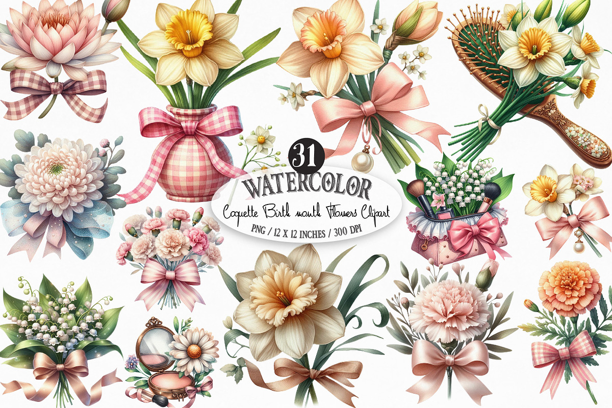 Coquette Birth Month Flowers Clipart, an Illustration by Designking (Photo 1 of 4)