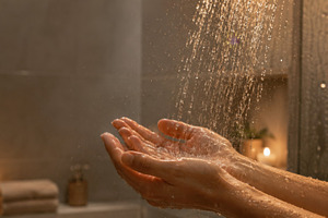 Dark showering concept. Hands under shower water with warm light, a Photo by Dvoevnore photos