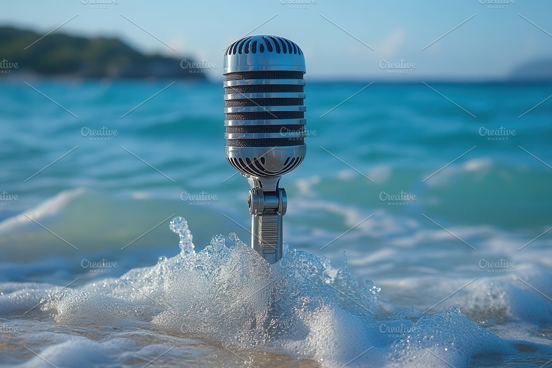 Microphone stands in ocean waves at, a Photo by Tanuart