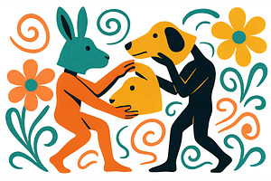 Surreal animal-headed figures in col, an Illustration by Dvoevnore photos