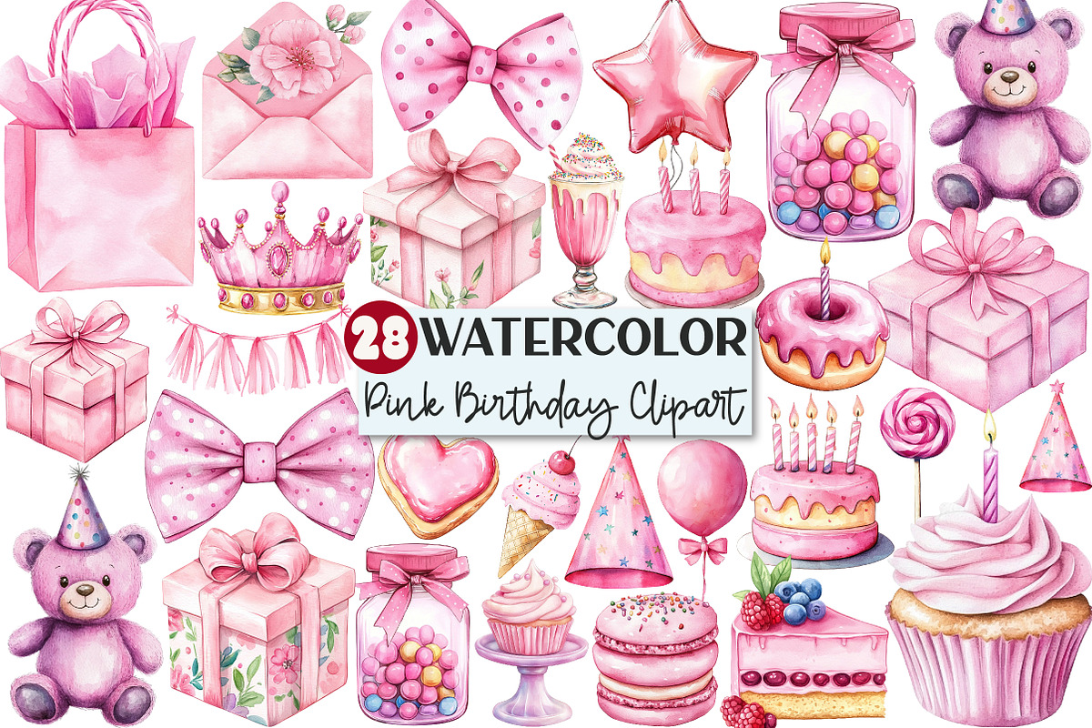 Pink Birthday Watercolor Clipart, an Illustration by Rose Art (Photo 1 of 4)