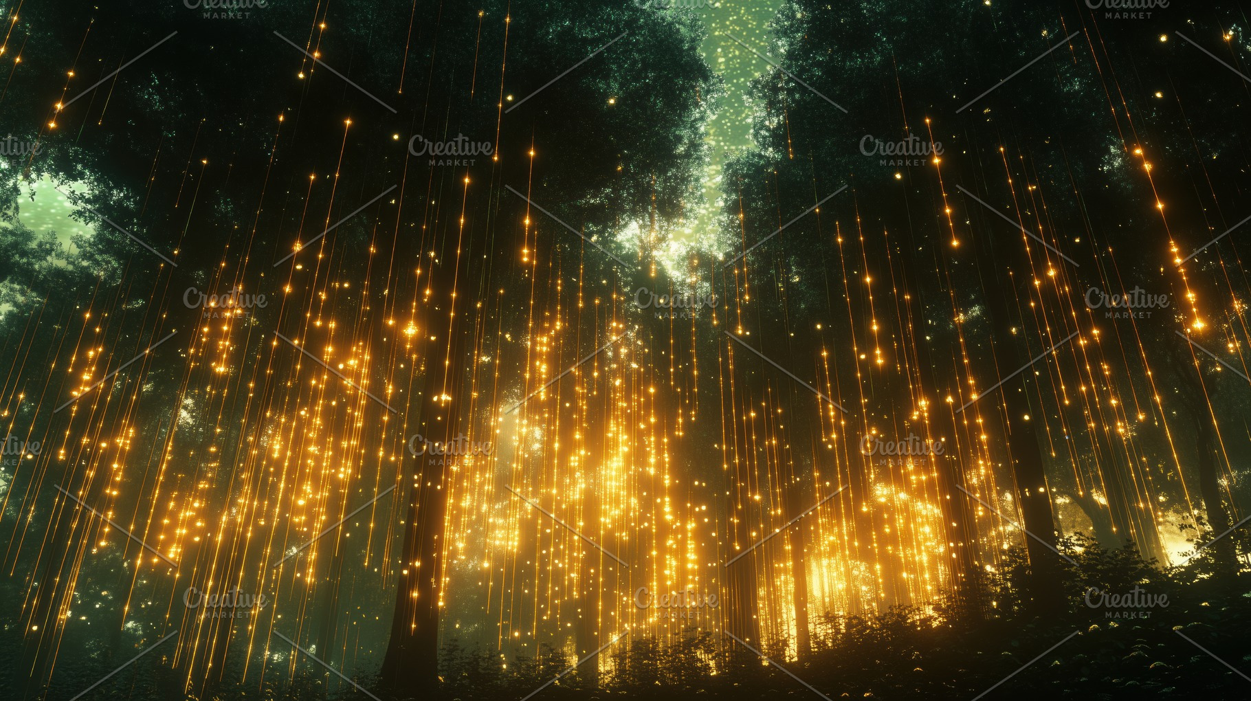 A mystical forest illuminated by glowing lights hanging from the trees, creatin, a Photo by Textures & Backgrounds