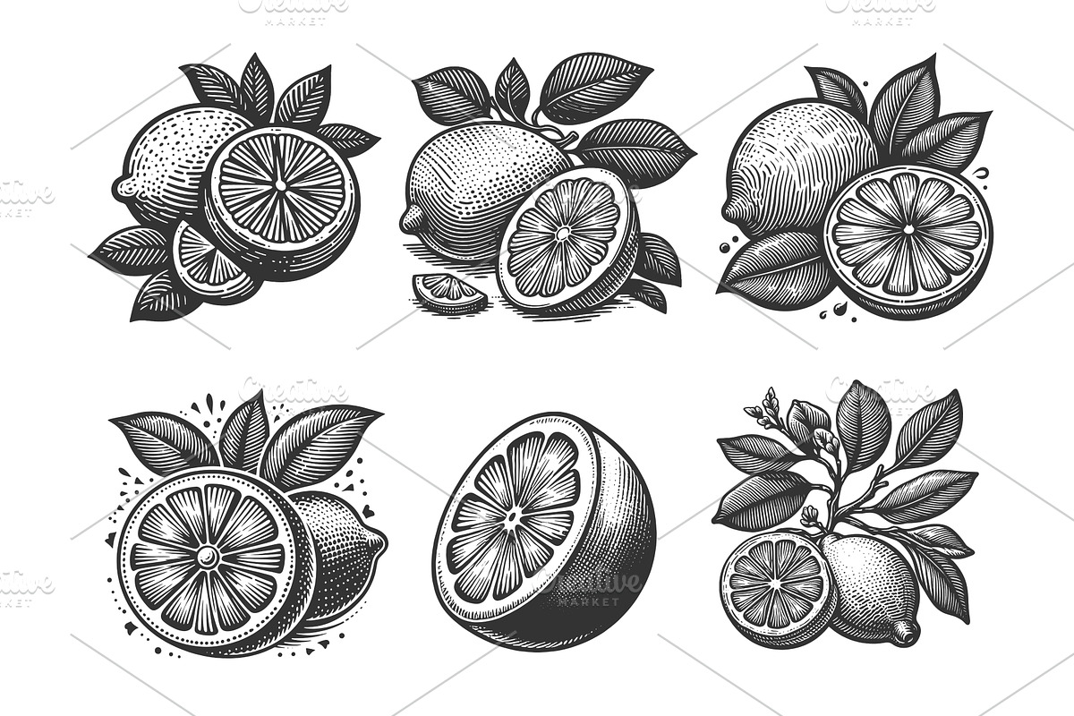 Lemon engraving set vector, a Food Illustration by AlexArt