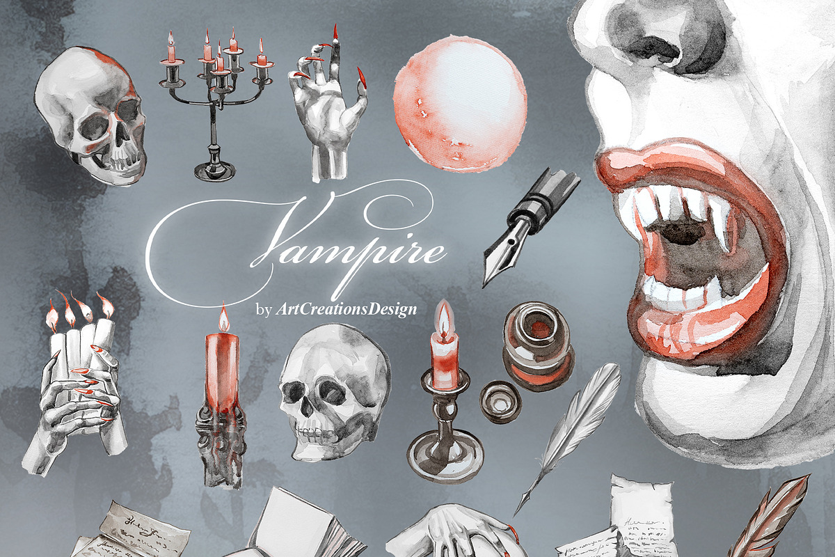 Vampire Watercolor Clipart Set, an Object Graphic by ArtCreationsDesign (Photo 3 of 11)