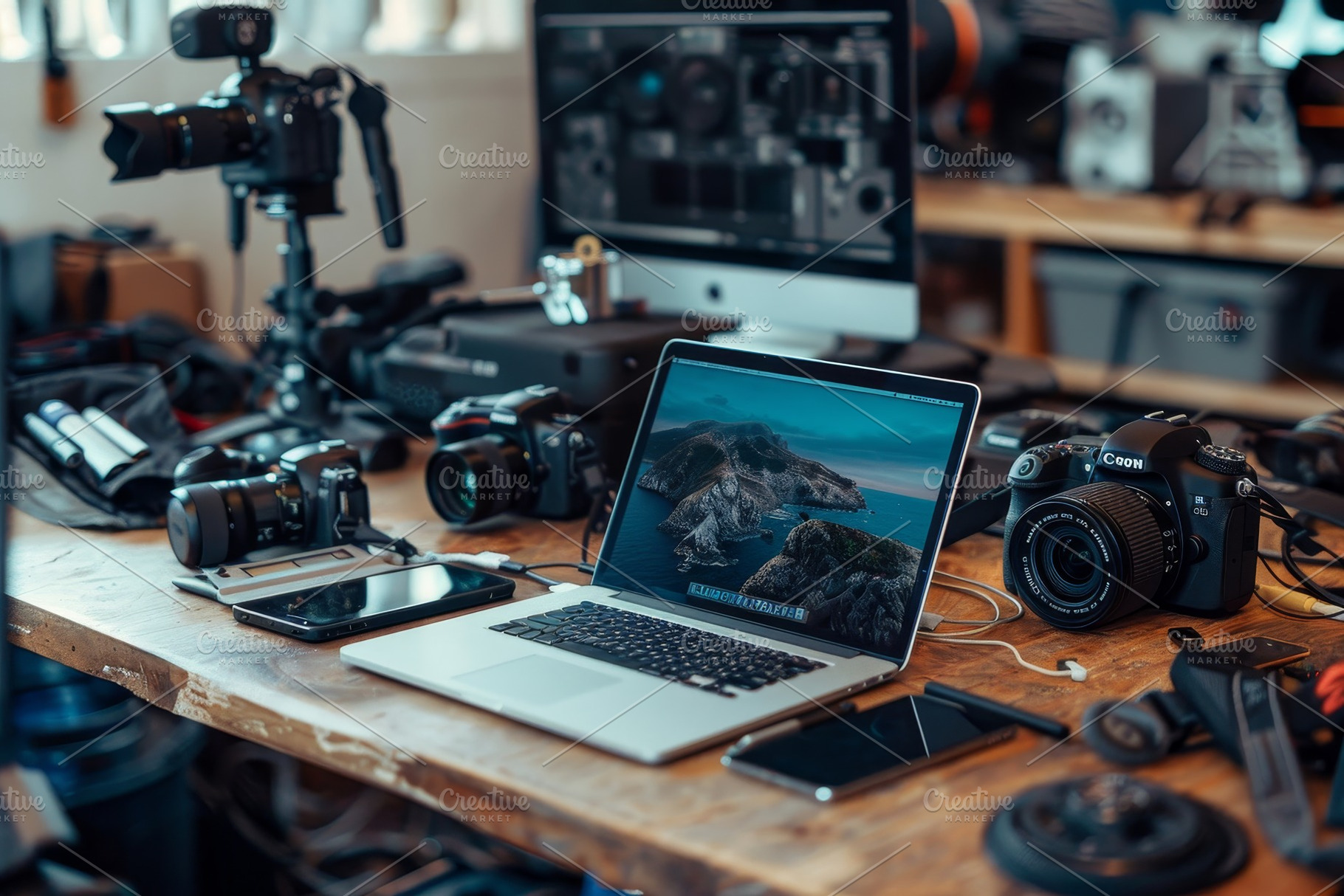 A cluttered workspace displays multi, a Photo by Tanuart