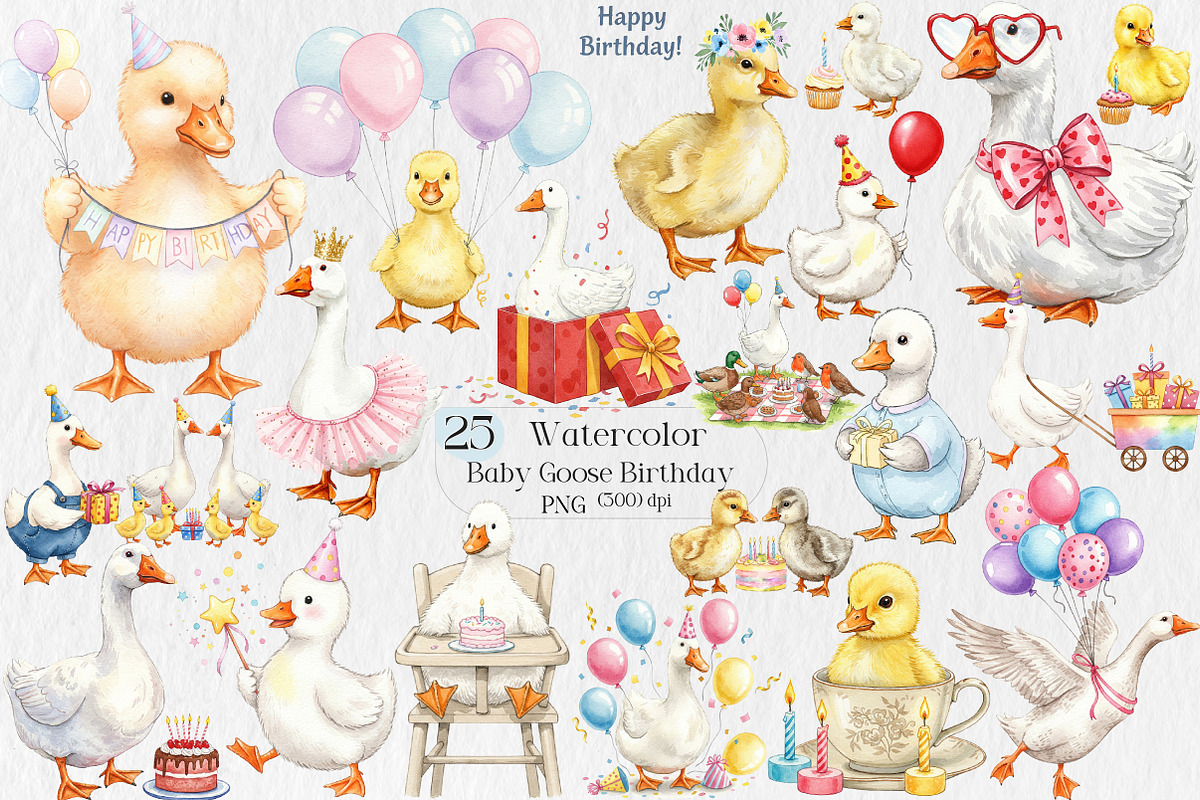 Watercolor Baby Goose Birthday Png, an Illustration by Creative Art (Photo 1 of 7)