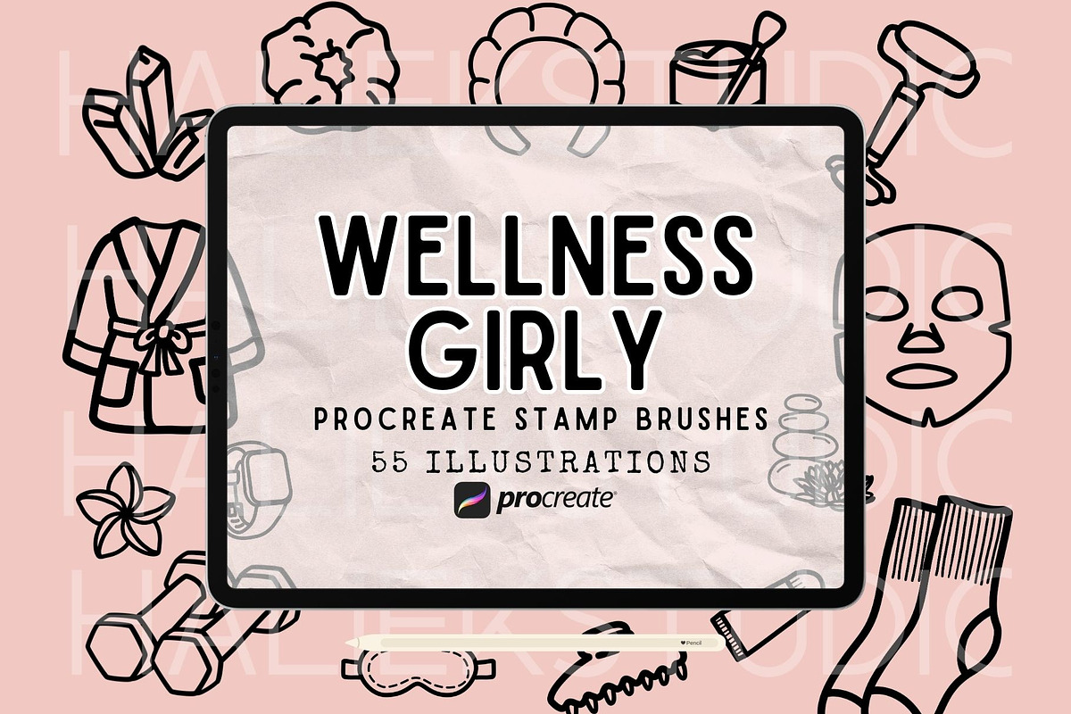 Wellness Girly Procreate Stamp Brush, a Brush Add-On by HalieKStudio (Photo 1 of 10)
