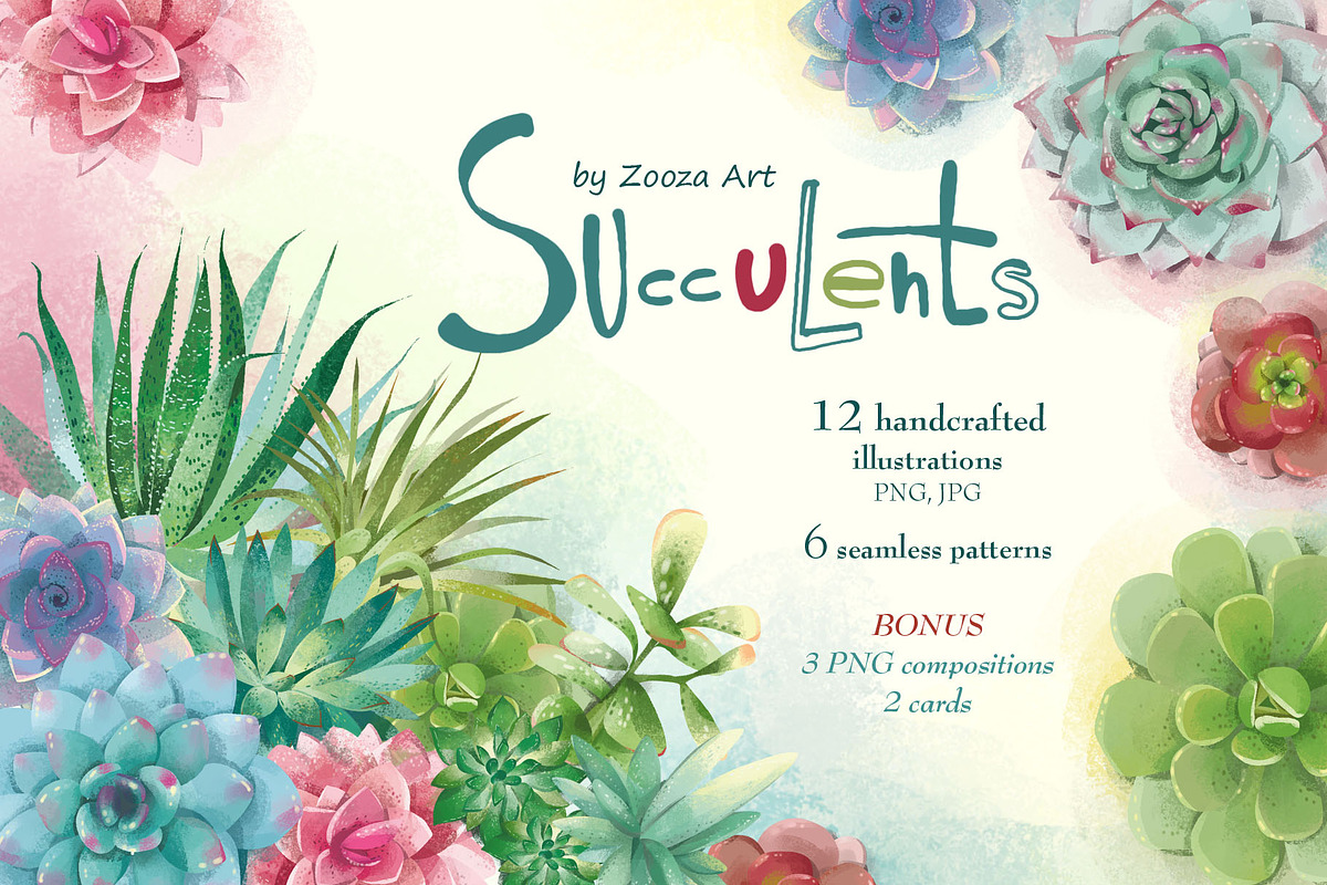 Succulents: 12 images, 6 patterns, an Illustration by Zooza Art (Photo 1 of 9)