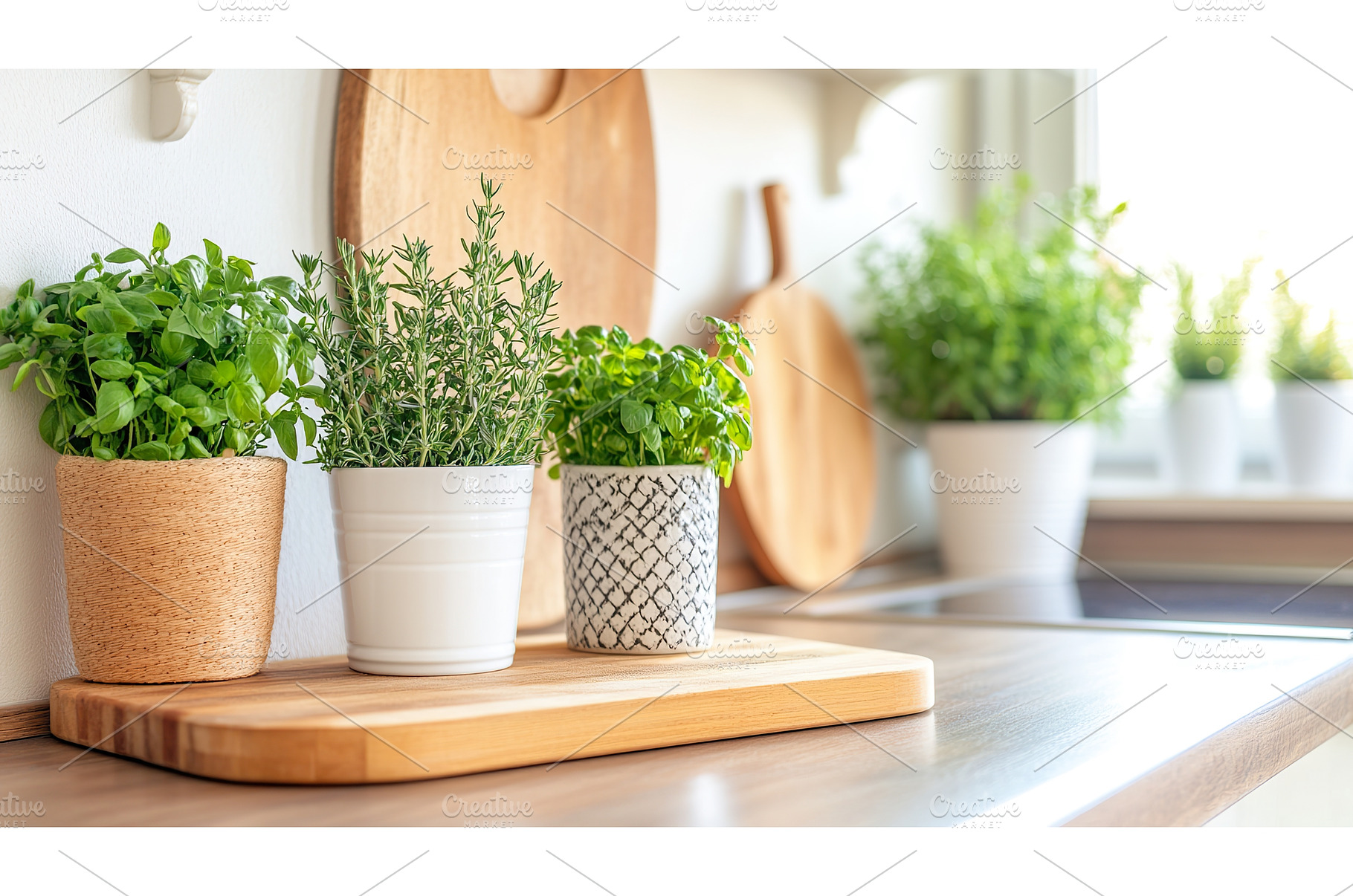 Herbs in pots on wooden kitchen, a Food & Drink Photo by Lermont51
