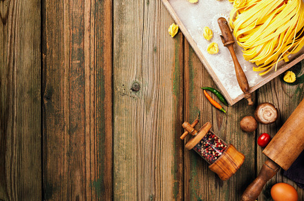 Cooking background with fresh pasta tagliatelle and mushrooms flat lay, a Food & Drink Photo by Natalia Klenova's Shop