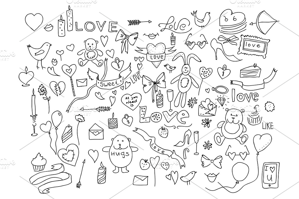 Hand drawn love doodle icons vector illustration., an Object Graphic by ...