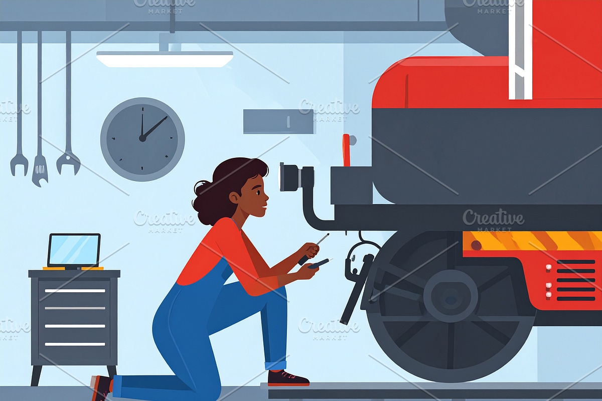 Flat cartoon illustration of train mechanic cheking a train whee, a Person Illustration by DanFLCreativo