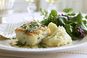 Pan seared cod fish fillet with mashed potatoes and fresh green salad, plated f, a Photo by Studio ANNA