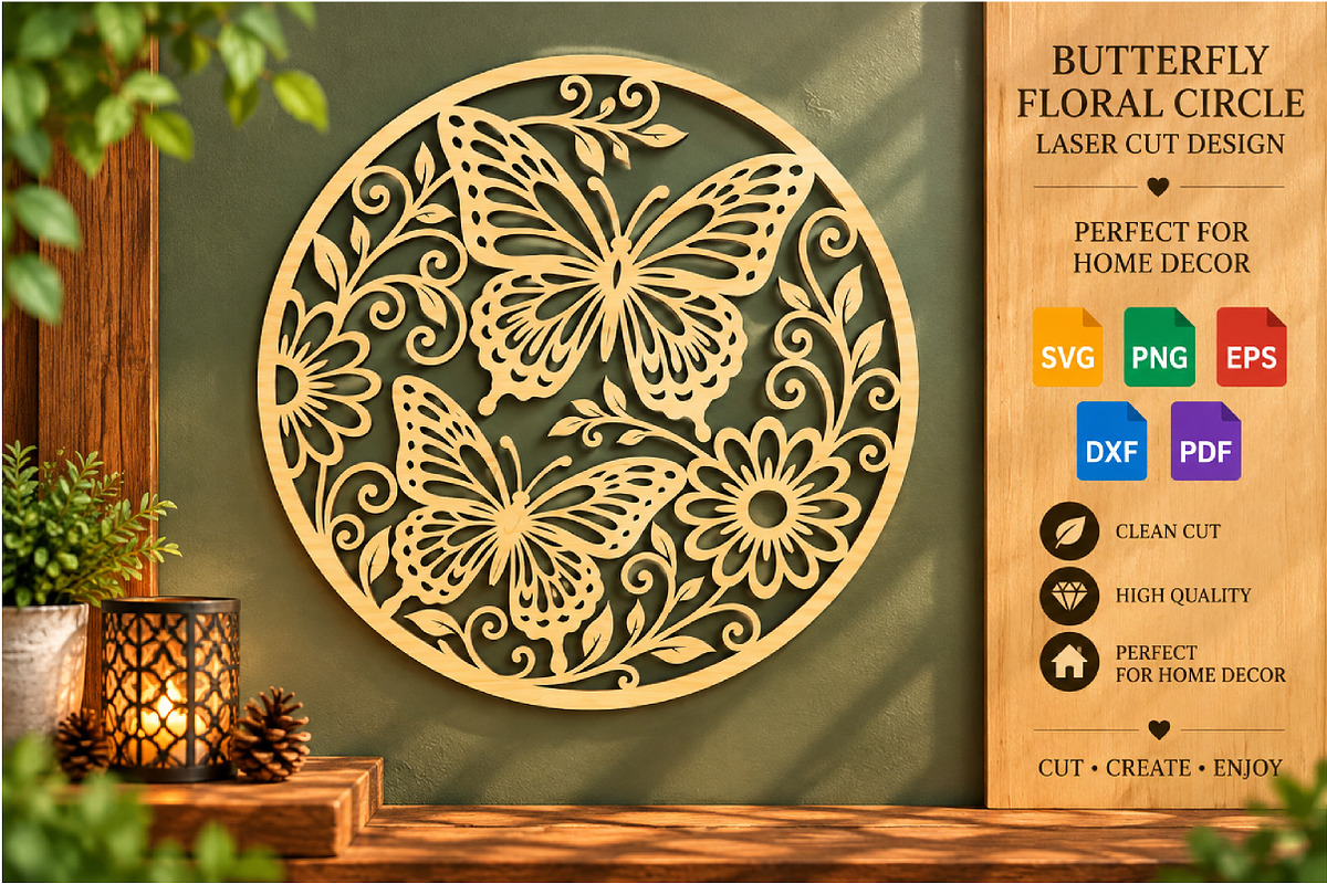 Butterfly Floral Circle Laser SVG, an Object Graphic by DreamCafeArt (Photo 1 of 3)