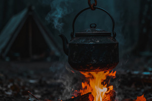 Cozy Campfire Kettle in Moody Forest, a Nature Photo by Virgo Studio