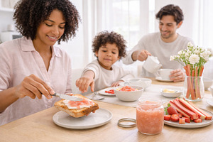 Family enjoying breakfast with rhuba, a Photo by Dvoevnore photos