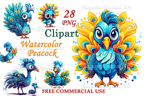 Watercolor Cute Peacock Clipart