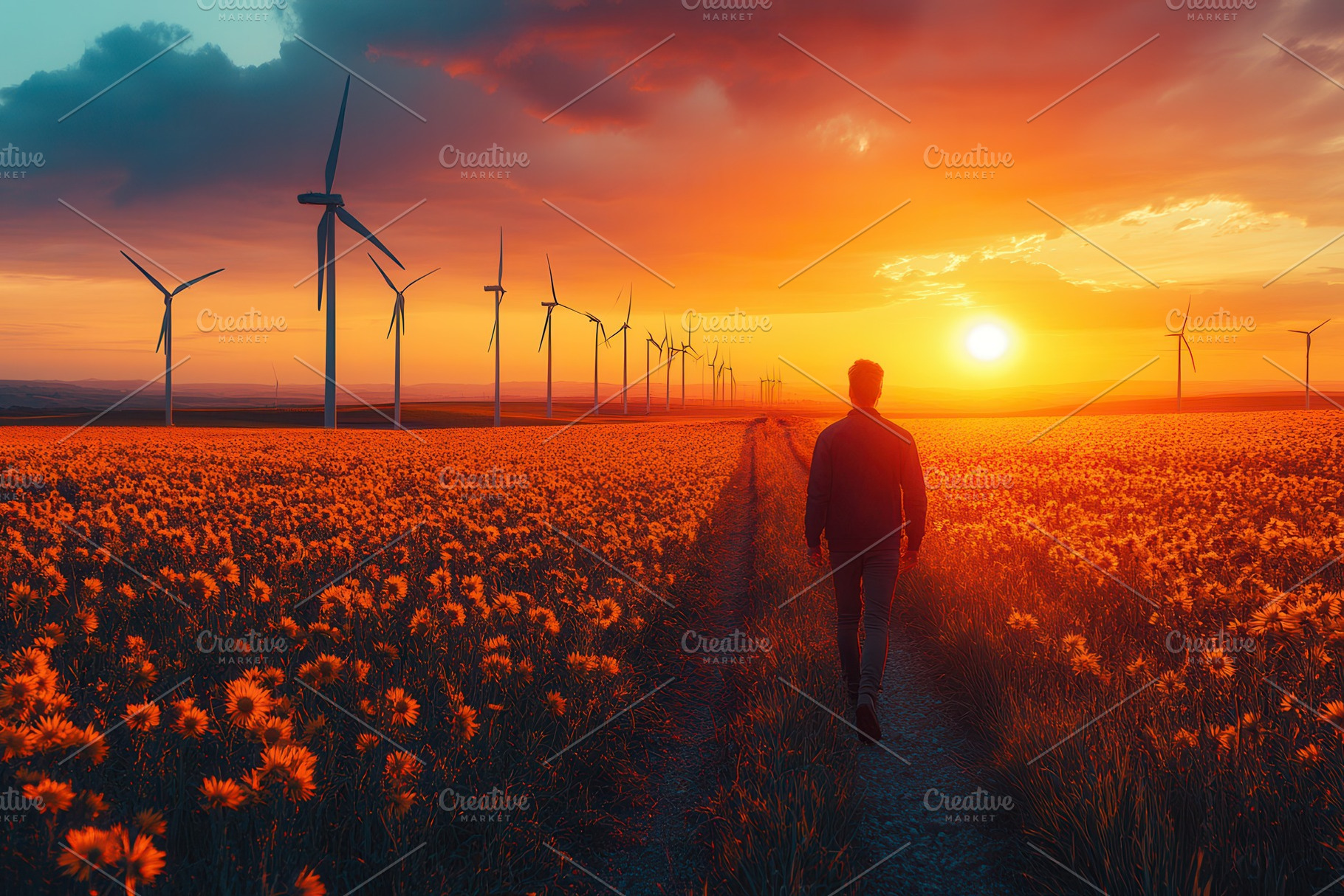 Beautiful sunset over a field of flo, a Photo by Tanuart