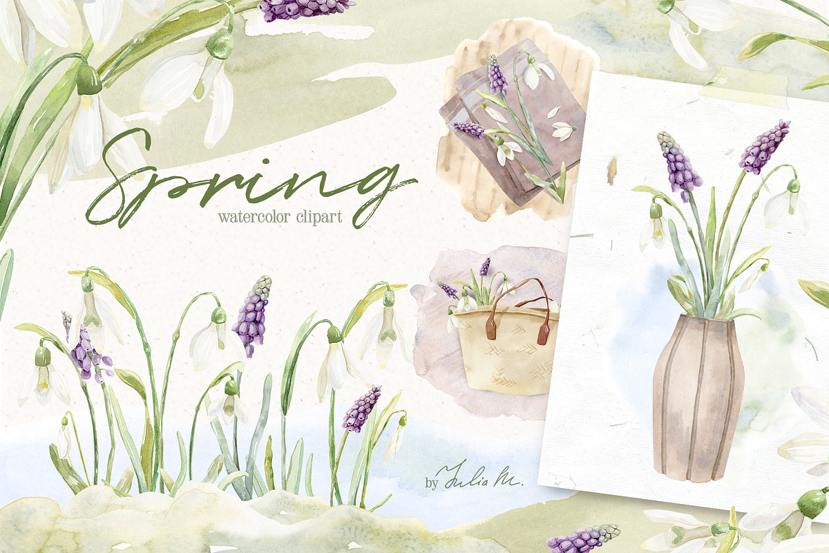 Spring Snowdrop and Muscari Clip Art, an Illustration by Julia M. Watercolor (Photo 1 of 12)