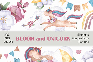 Unicorn And Bloom. Watercolor Kids