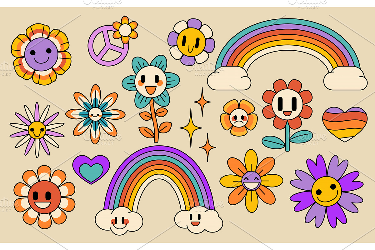 Retro flower and rainbow collection, an Illustration by art PVP - market