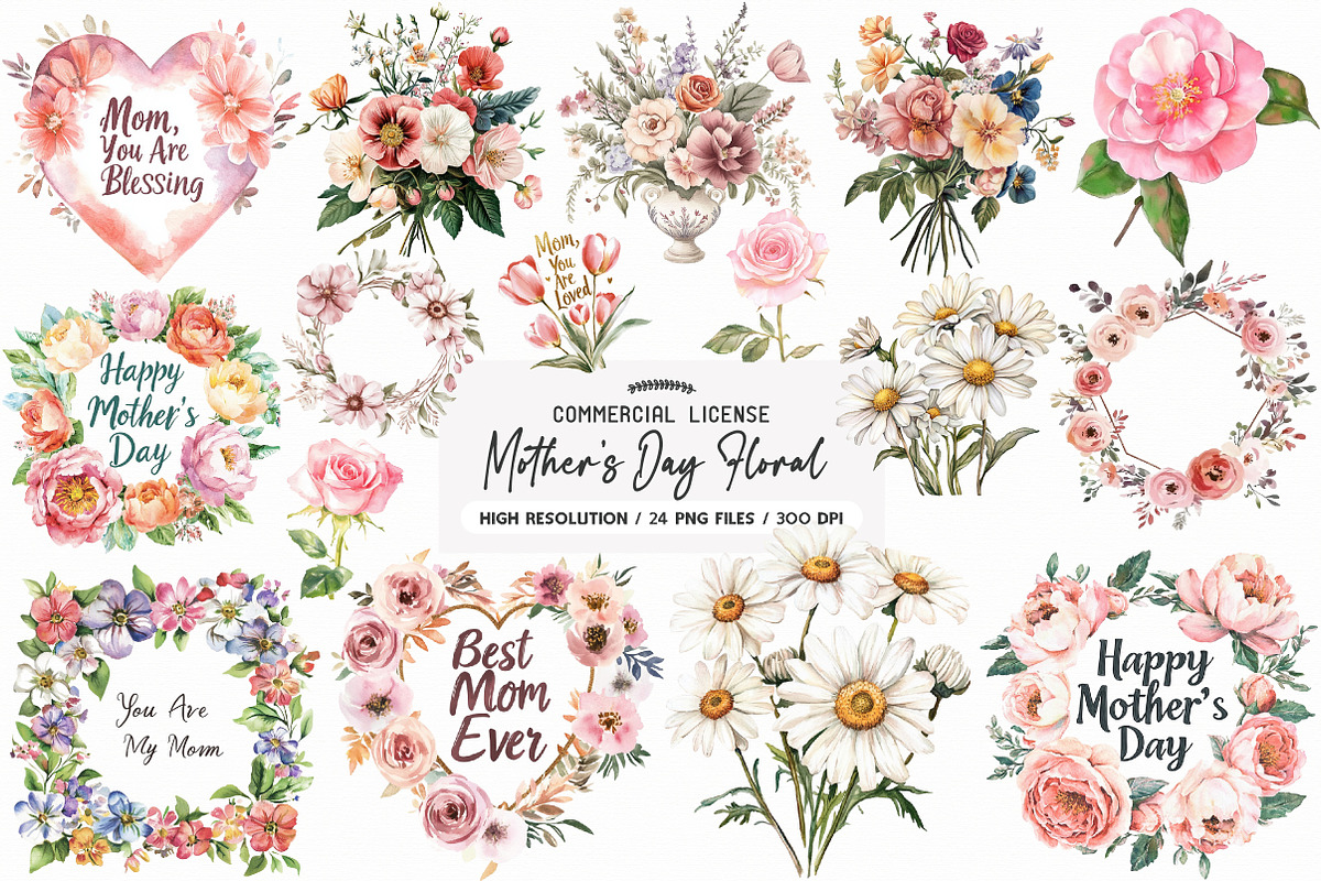 Mother's Day Floral Quotes Clipart, an Illustration by SinaCreation (Photo 1 of 5)