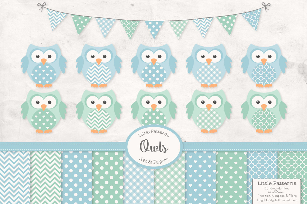 Blue Mint Owls and Patterns, an Animal Illustration by Amanda Ilkov (Photo 1 of 3)