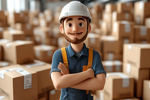 Cartoon character in hard hat stands, a Photo by Tanuart