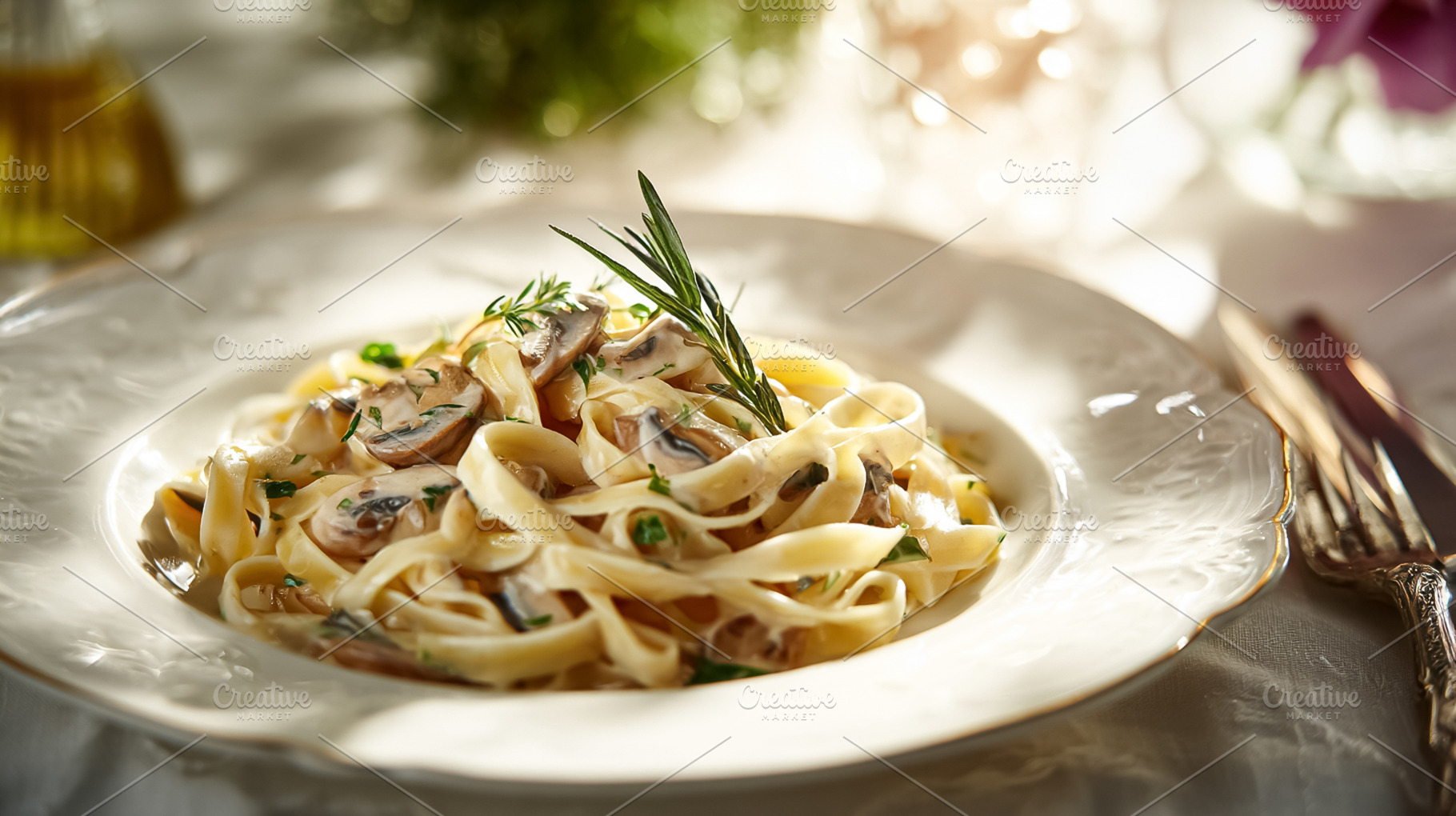 Fettuccine pasta with creamy mushroom sauce, fresh rosemary, and, a Photo by Studio ANNA