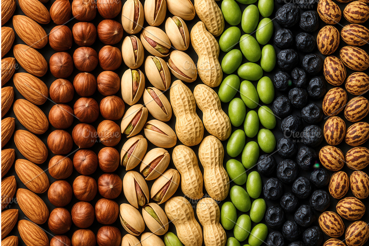 An assorted arrangement of almonds, a Food Illustration by Sergey Kotenev