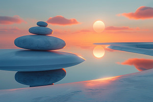 Zen Stones Balanced Over Reflective Water at Peaceful Sunset, a Background Photo by José Manuel Gelpi