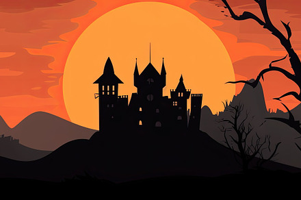 Orange halloween landscape with a haunted castle in the backgrou, a Holiday Photo by José Manuel Gelpi